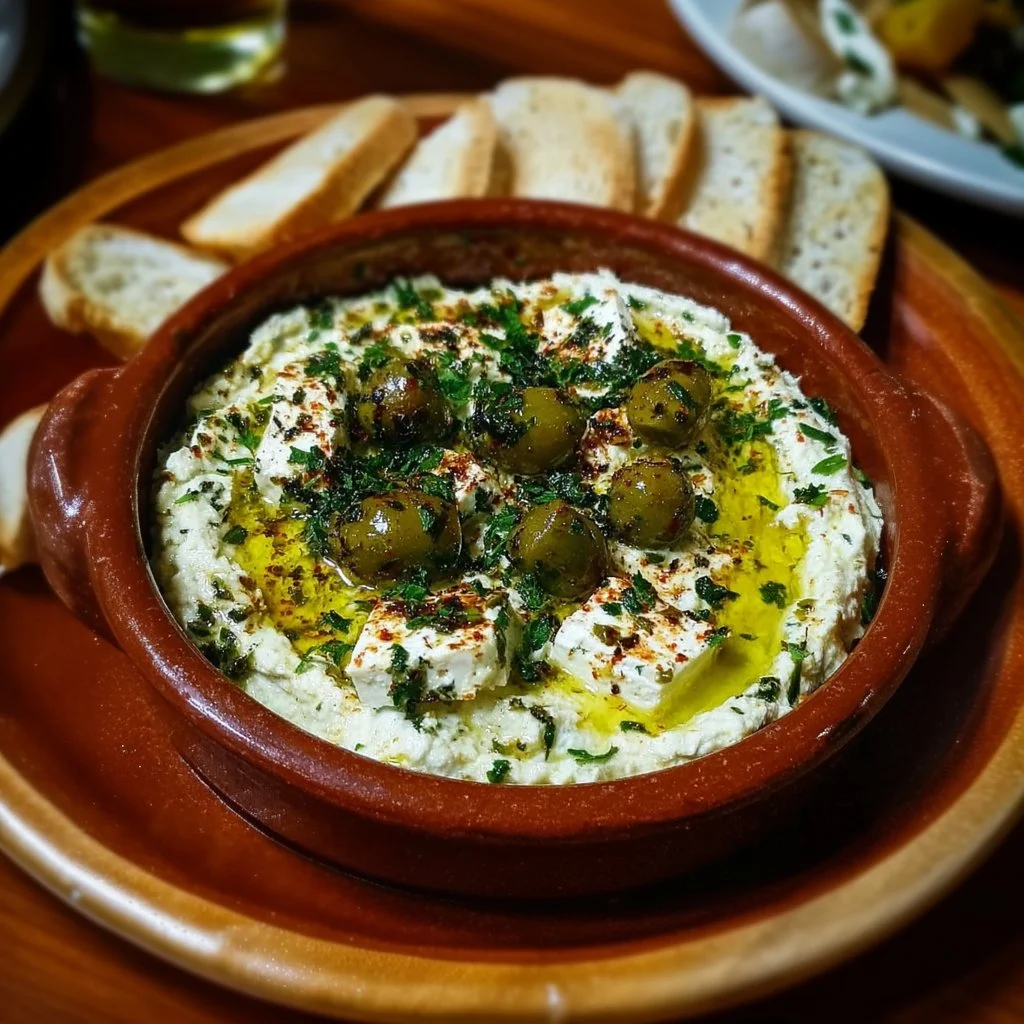 Creamy Olive Feta Dip with green olives and feta cheese served in a bowl