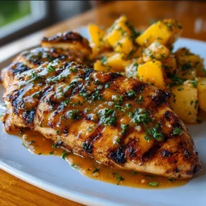 Grilled chicken with peach chipotle sauce on a plate garnished with herbs