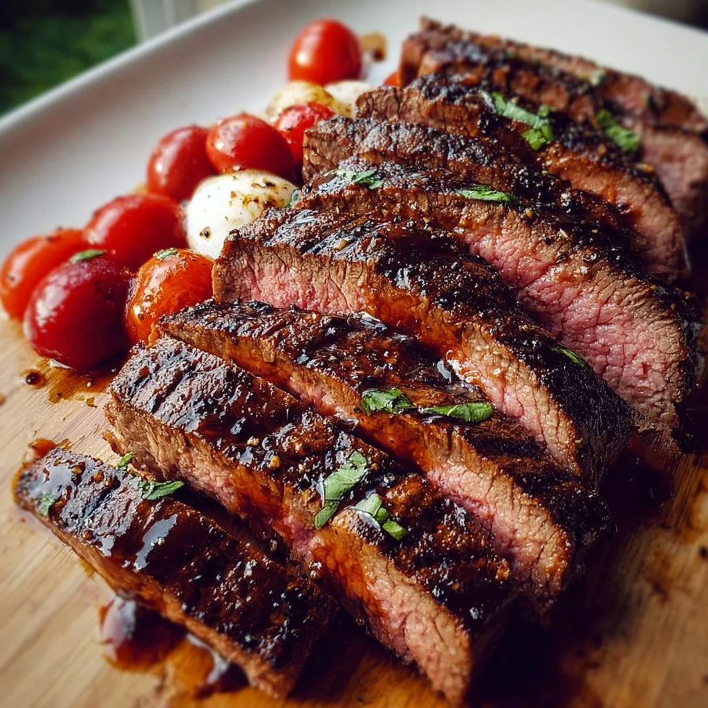 Perfectly grilled flank steak served with fresh herbs and spices