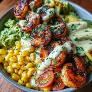 Grilled shrimp bowl with avocado, corn salsa, and creamy garlic sauce