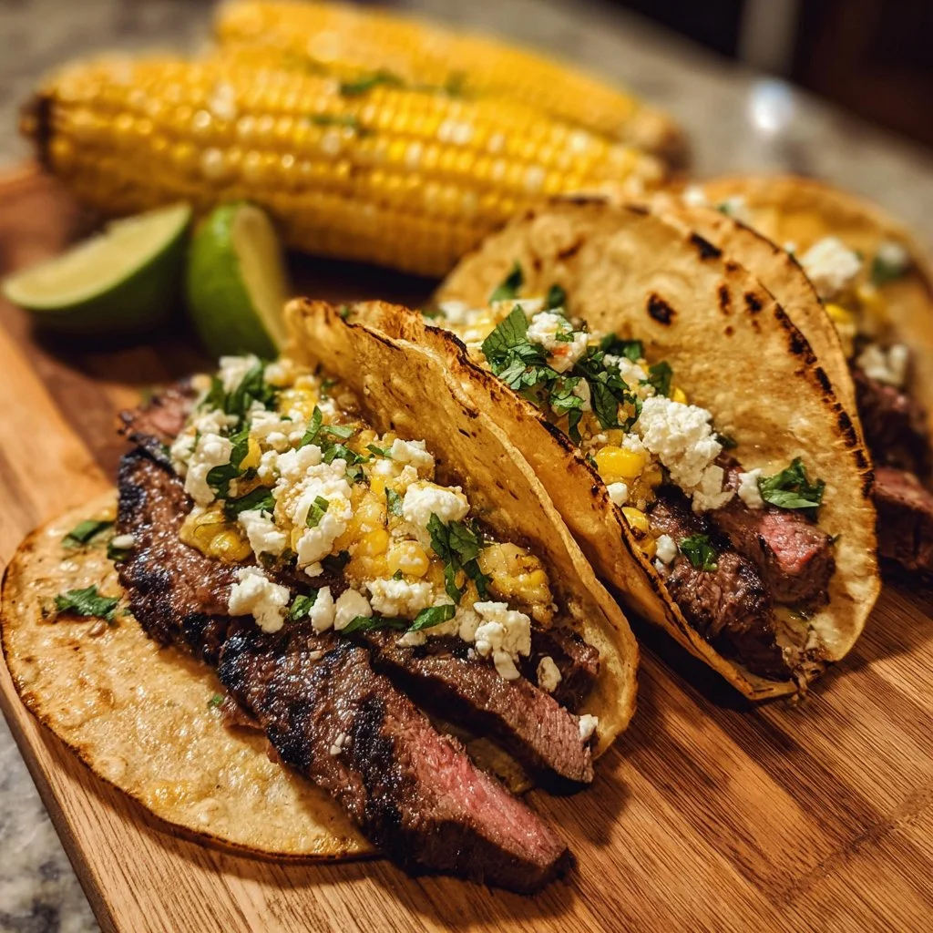 Delicious grilled steak tacos with elote, bursting with flavor and fresh toppings.