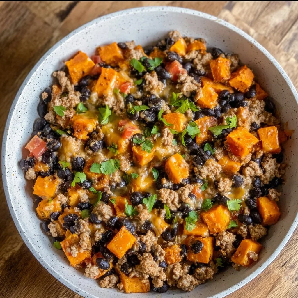 Ground turkey skillet with black beans and sweet potatoes in a cast-iron pan