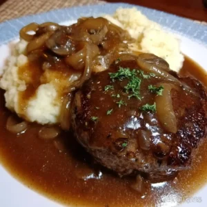 Hamburger steaks topped with savory onion gravy on a plate