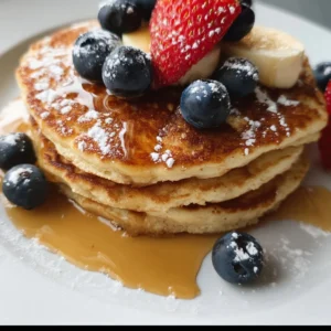 Healthy cottage cheese oat pancakes served on a plate with fresh fruit