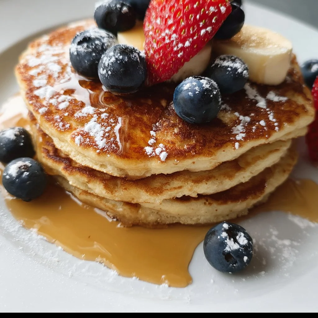 Healthy cottage cheese oat pancakes served on a plate with fresh fruit