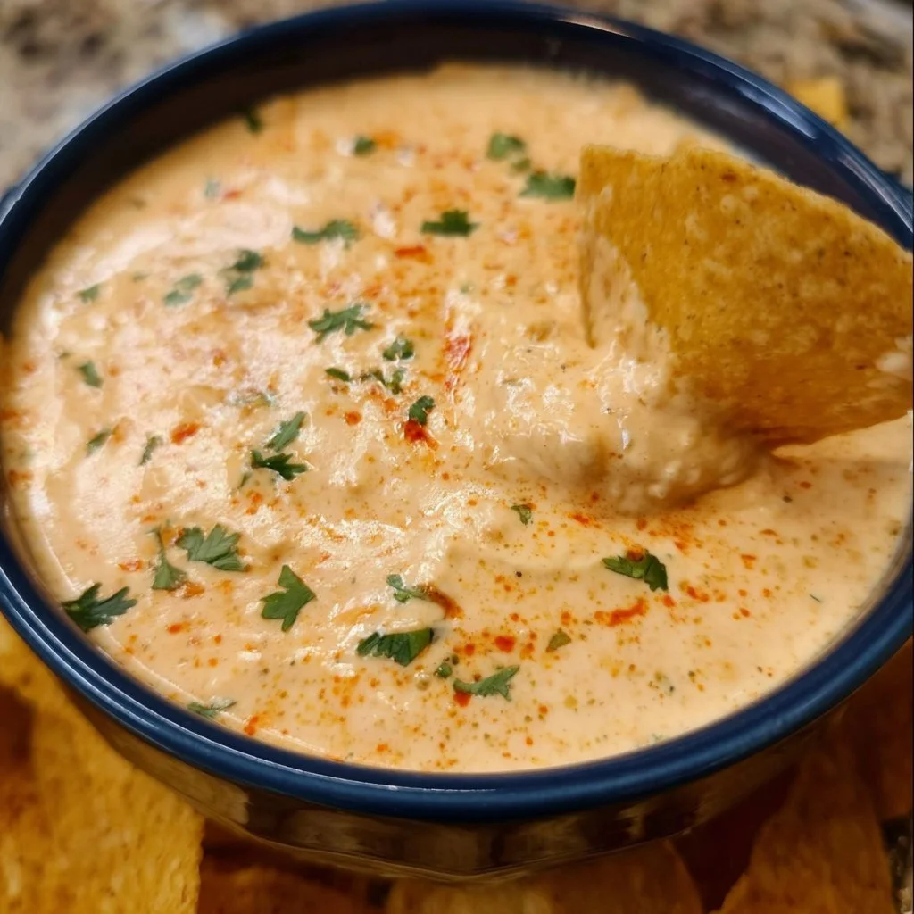 Healthy cottage cheese queso dip served in a bowl with tortilla chips.