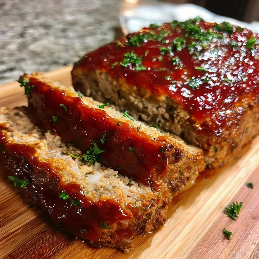 Healthy turkey meatloaf served with vegetables on a dinner plate