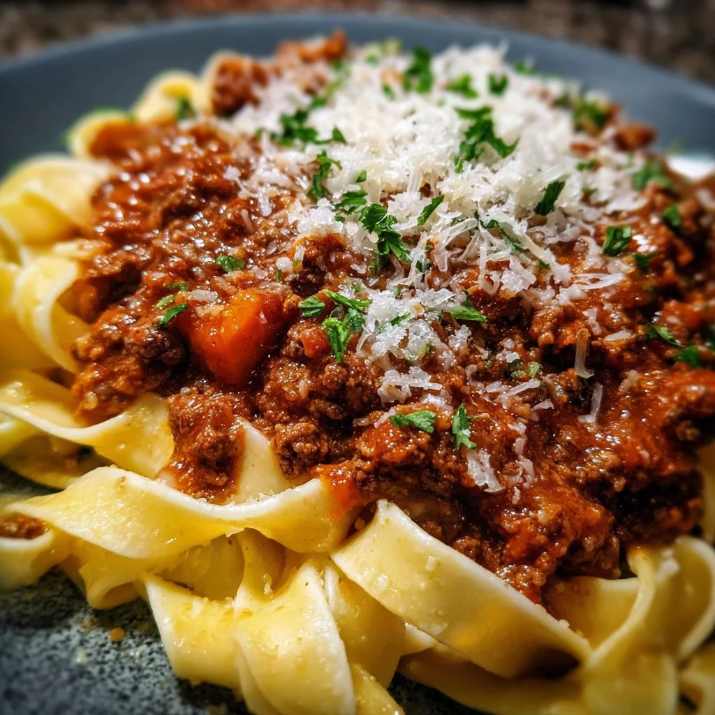Hearty beef bolognese sauce simmering in a pot with fresh ingredients