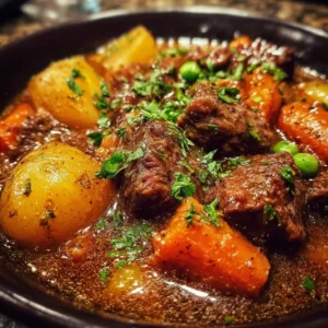 Bowl of hearty slow cooker beef stew filled with vegetables and tender beef.
