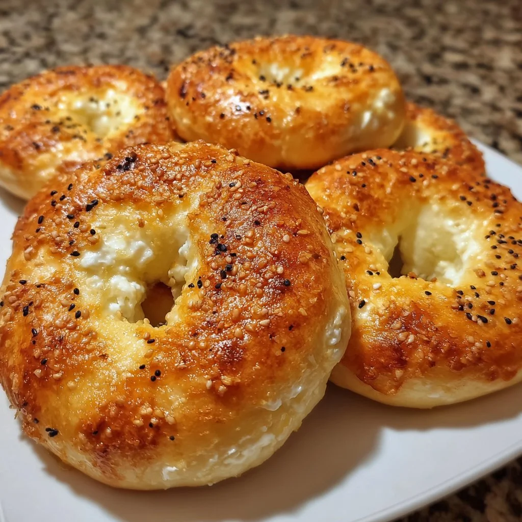 High protein cottage cheese bagels freshly baked and served on a wooden table.