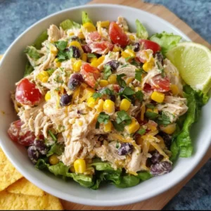 High Protein Southwest Chicken Salad with colorful ingredients on a plate.