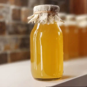 Delicious homemade banana syrup drizzled over pancakes in a jar.