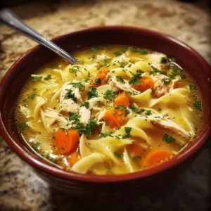 Bowl of homemade chicken noodle soup with fresh ingredients