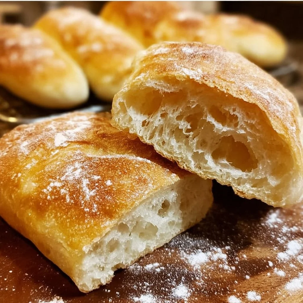 Freshly baked homemade ciabatta bread with a crispy crust and airy texture.