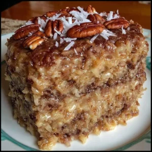Delicious homemade German chocolate cake with chocolate frosting and coconut pecan topping.