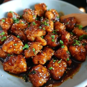 Honey Garlic Chicken Bites coated in sticky sauce served on a plate.