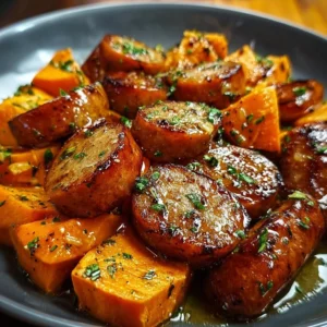 Honey garlic sausage with roasted sweet potatoes, a flavorful dish.