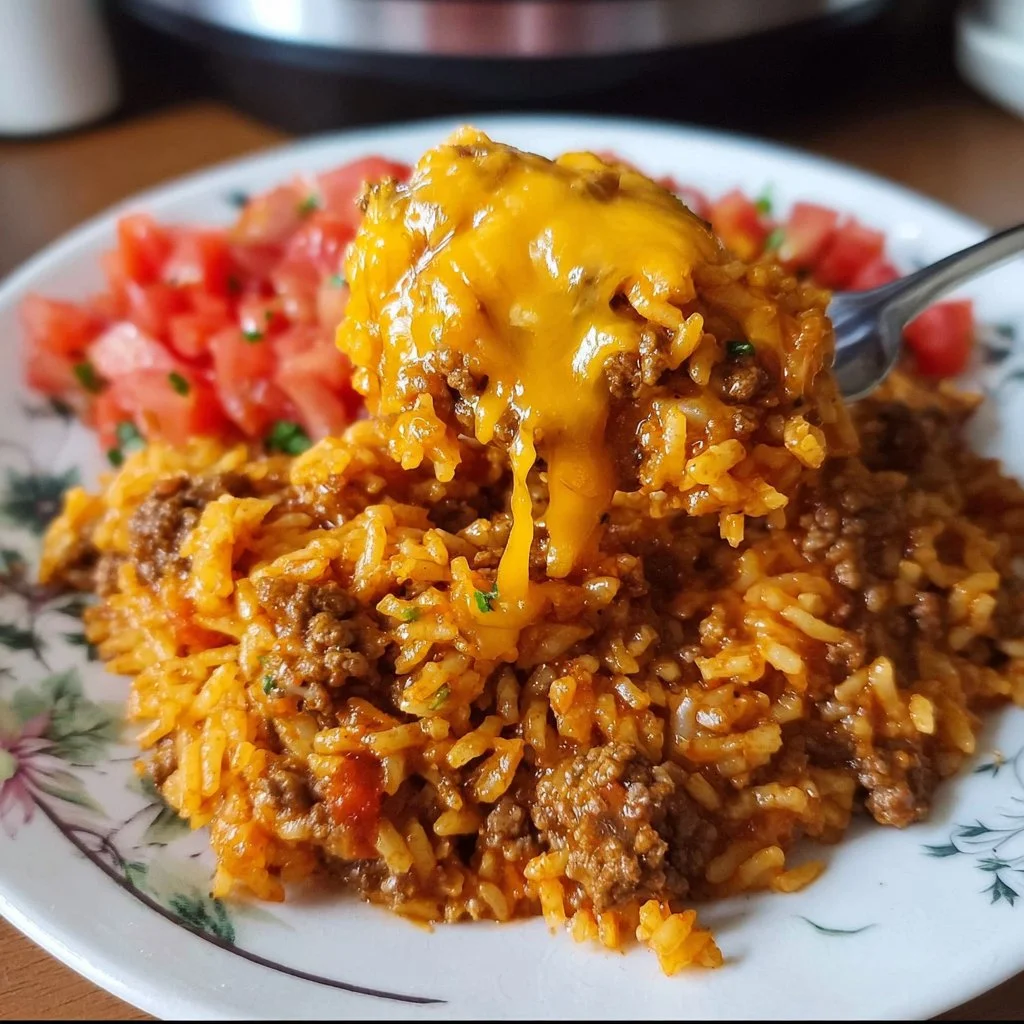Instant Pot Cheesy Taco Ground Beef and Rice dish served in a bowl