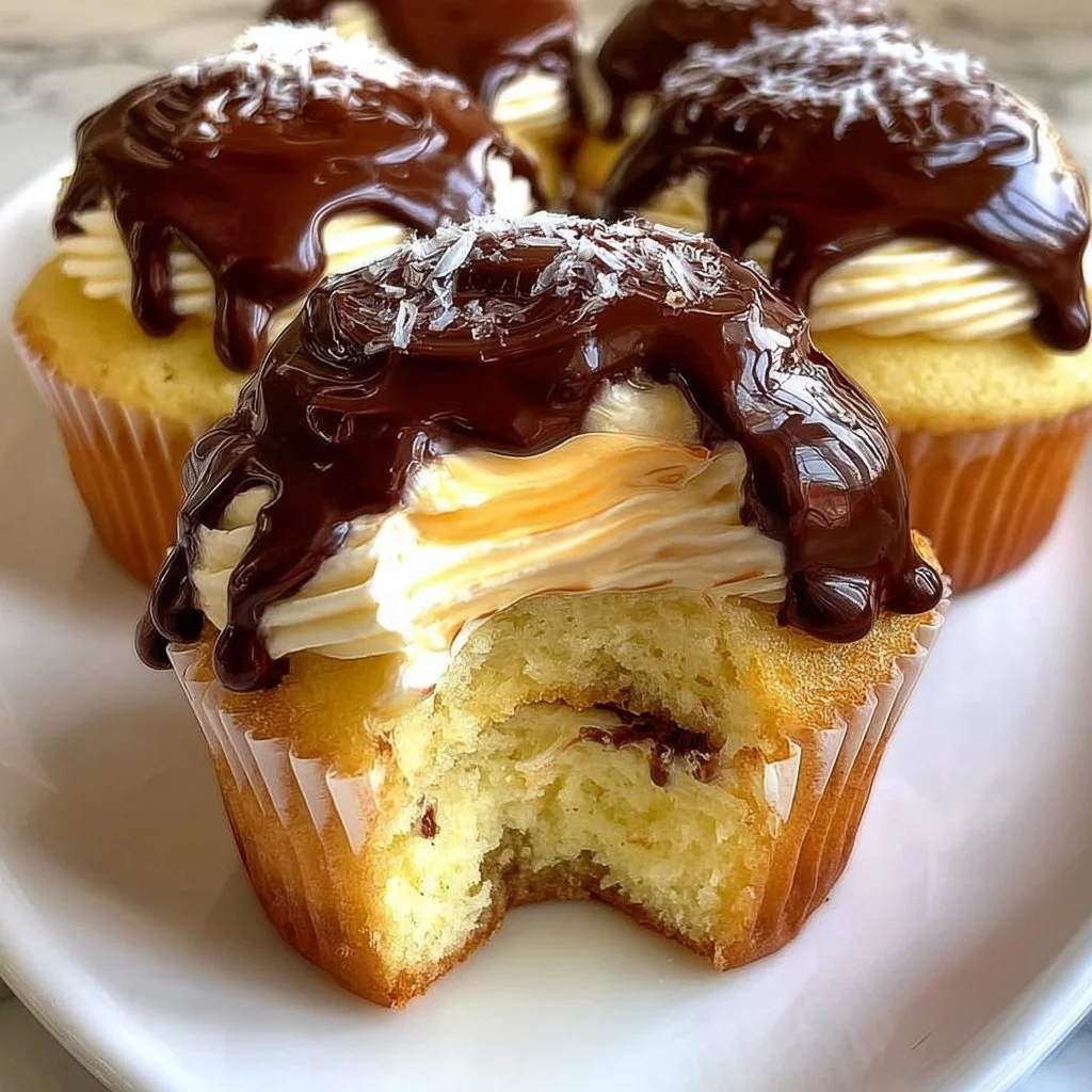 Delicious Boston Cream Cupcakes topped with chocolate icing and creamy filling.