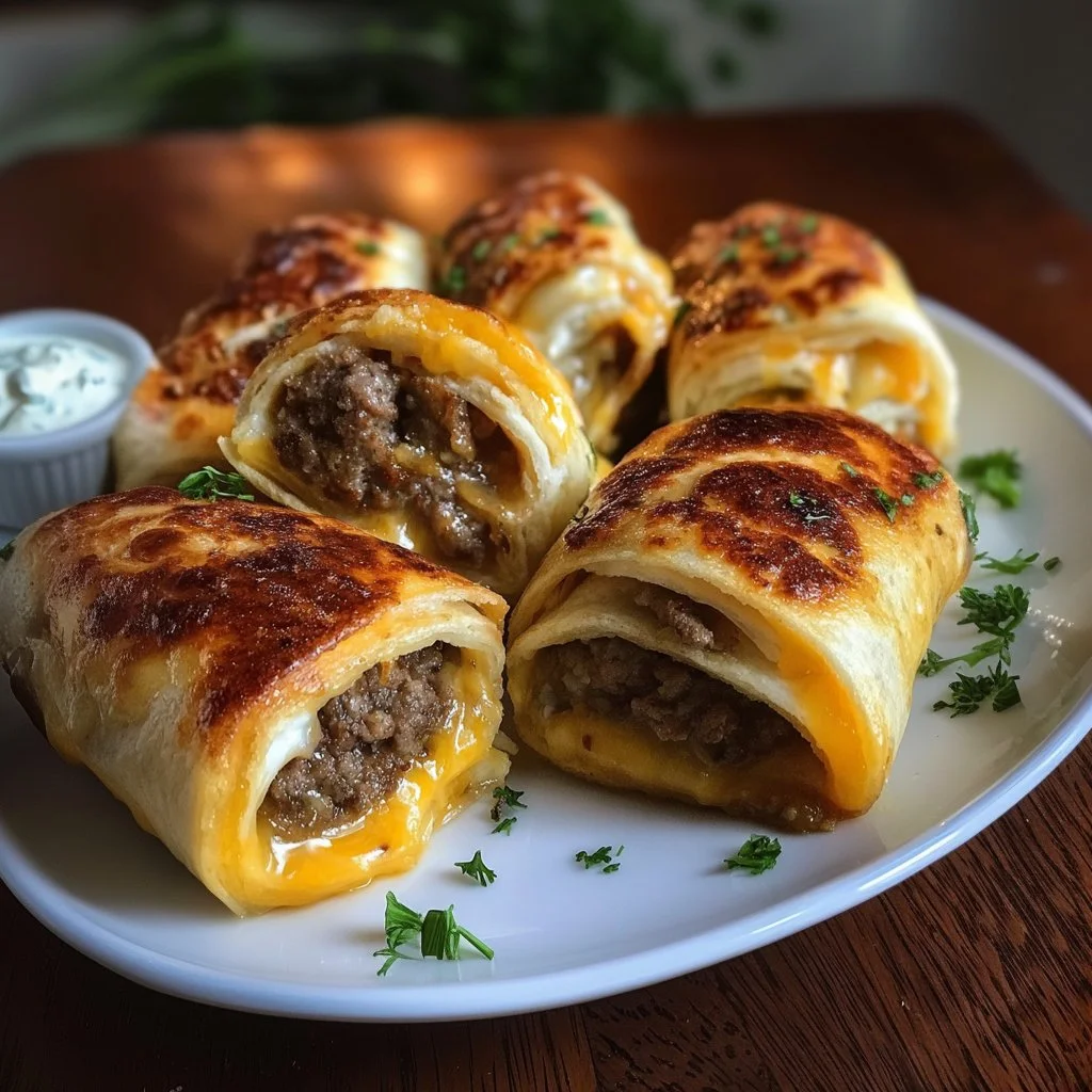 Irresistible garlic butter cheeseburger rollups served on a plate.