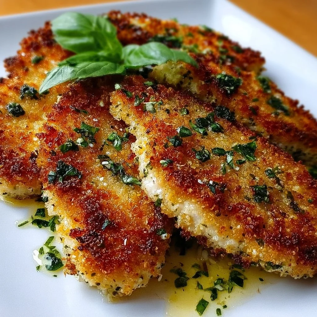 Italian basil chicken cutlets ready to serve on a plate with fresh herbs.