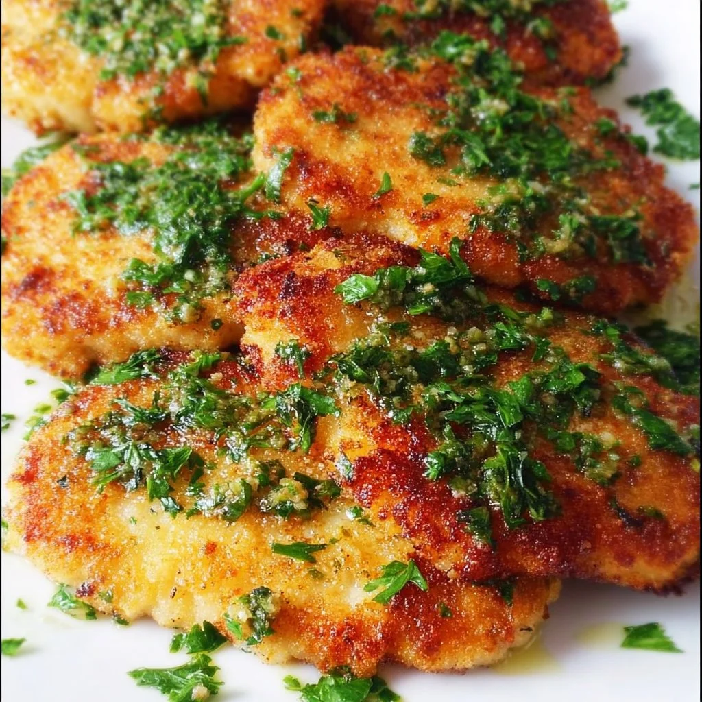 Italian chicken cutlets with gremolata served on a plate