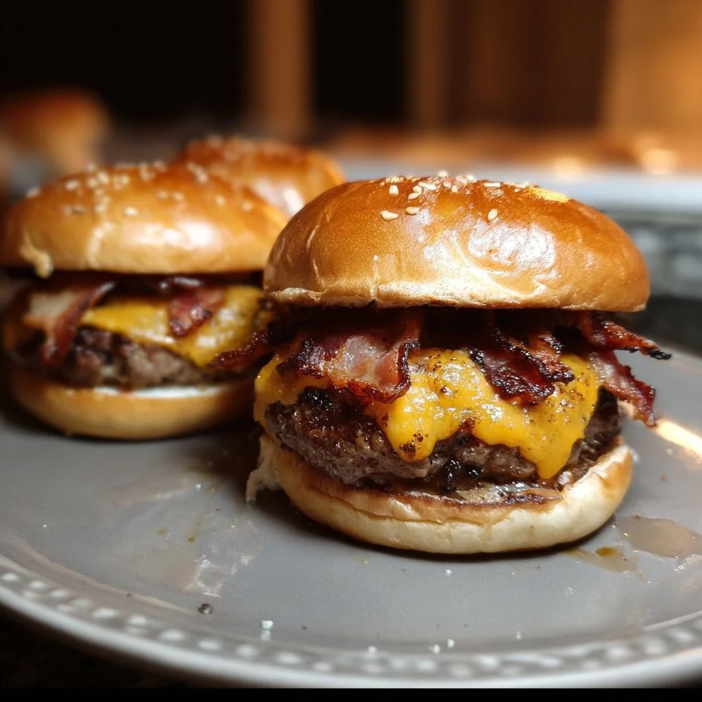 Juicy ranch bacon burgers topped with cheddar cheese and sour cream