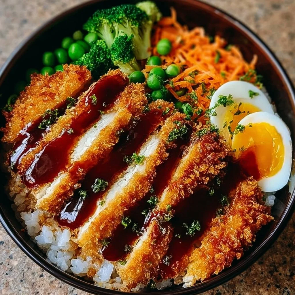 Delicious katsu bowls topped with tonkatsu sauce, perfect for a Japanese dinner.