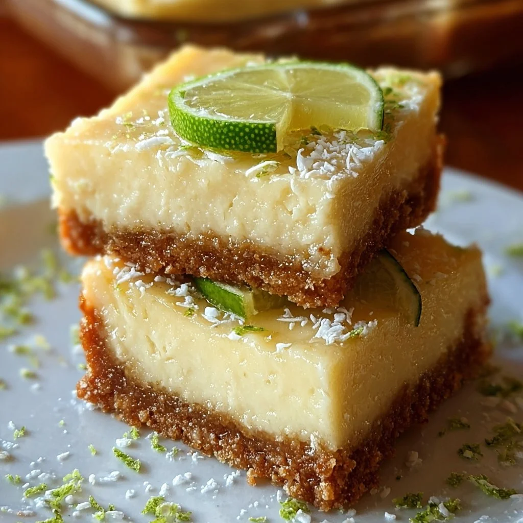 Key lime pie bars topped with lime zest on a white plate
