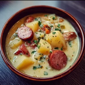 Bowl of hearty Kielbasa Potato Soup garnished with fresh herbs
