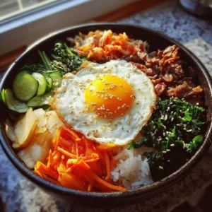A vibrant bowl of traditional Korean Bibimbap with fresh vegetables and egg