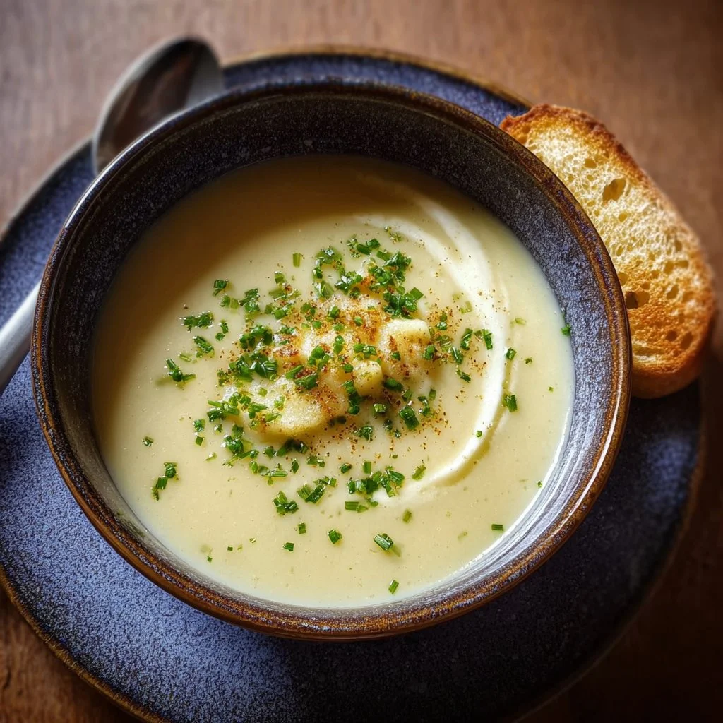 A bowl of homemade leek and potato soup garnished with fresh herbs.