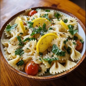 Lemon Basil Bowtie Pasta Salad with fresh ingredients and vibrant colors