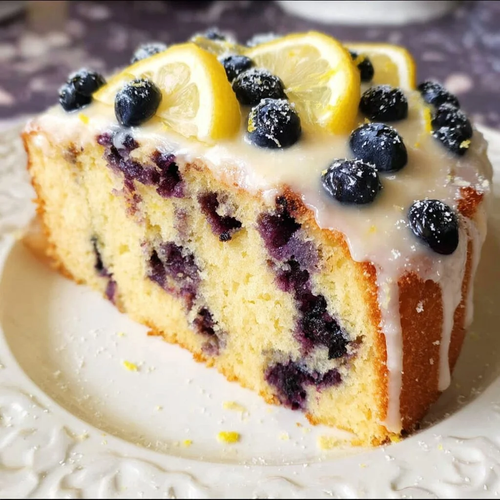 Lemon Blueberry Cake with fresh blueberries and a lemon glaze.