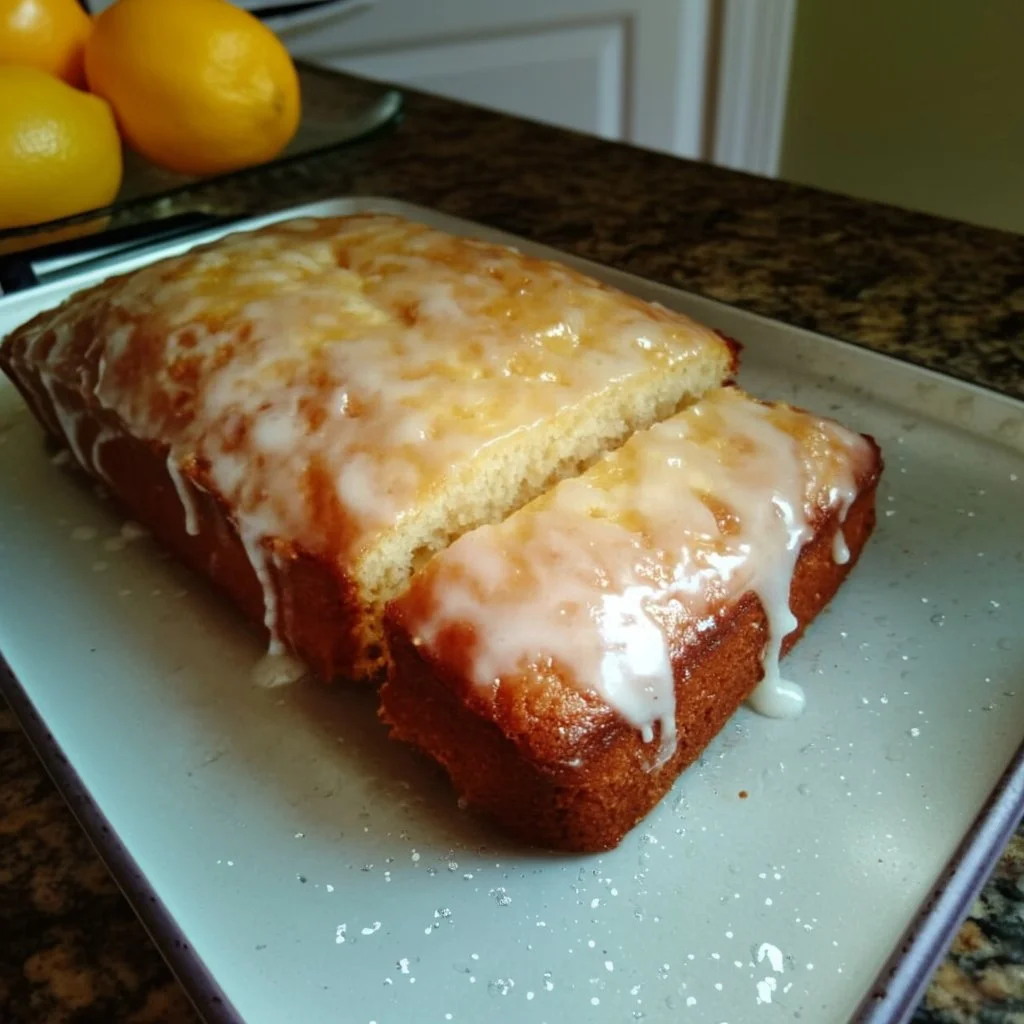 Delicious homemade lemon cake with fresh lemon slices and icing.