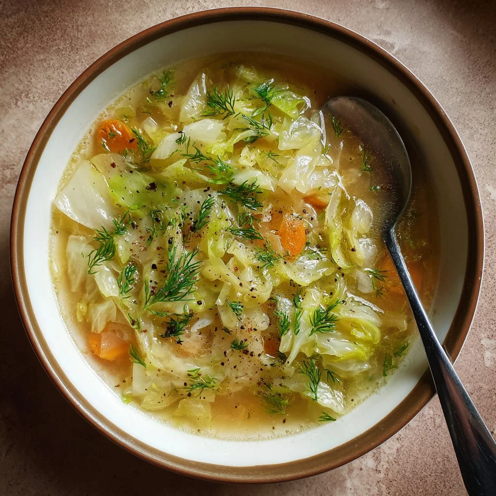Bowl of Lemon Dill Cabbage Soup garnished with dill and lemon slices