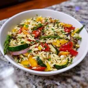 Lemon Orzo Salad with Grilled Vegetables in a colorful bowl