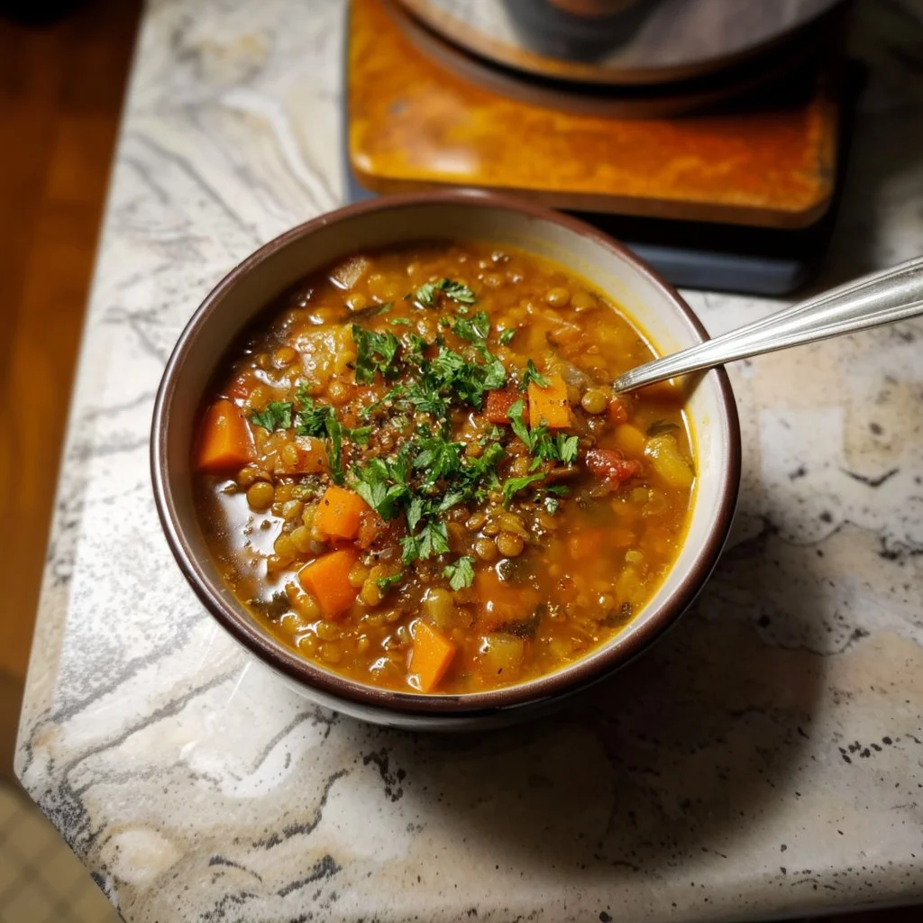 Bowl of hearty lentil soup garnished with herbs and spices