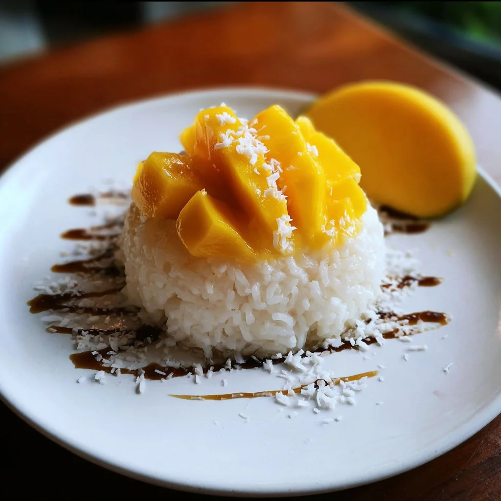 Delicious Mango Sticky Rice with creamy coconut sauce and fresh mango slices.