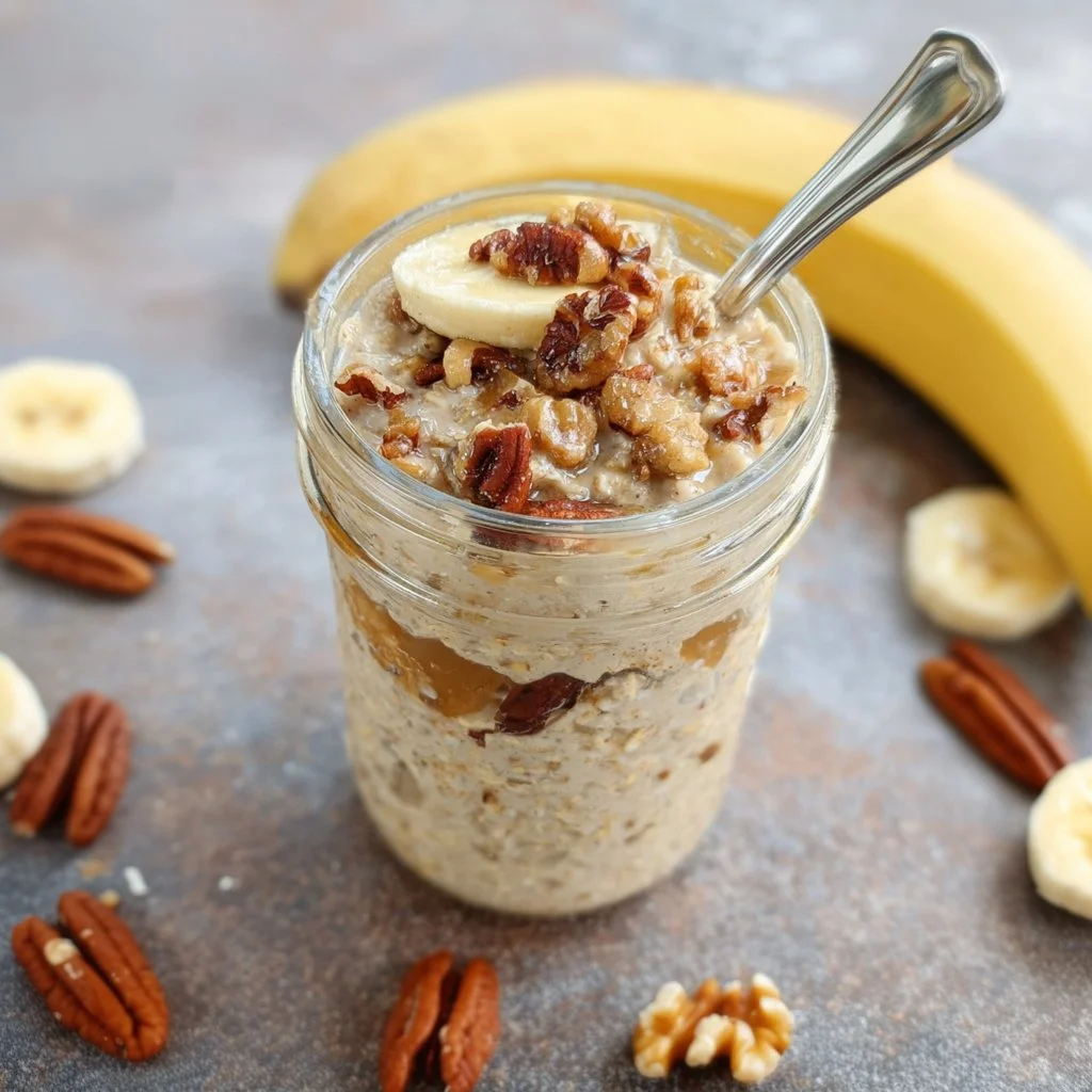 Mason jar with banana and nut overnight oats for a healthy breakfast