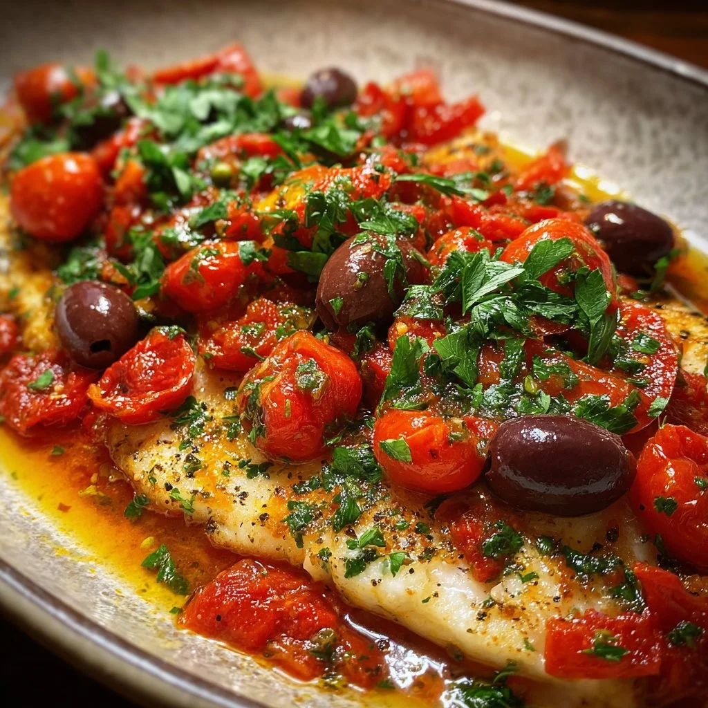 Mediterranean baked tilapia with tomatoes and olives on a serving plate