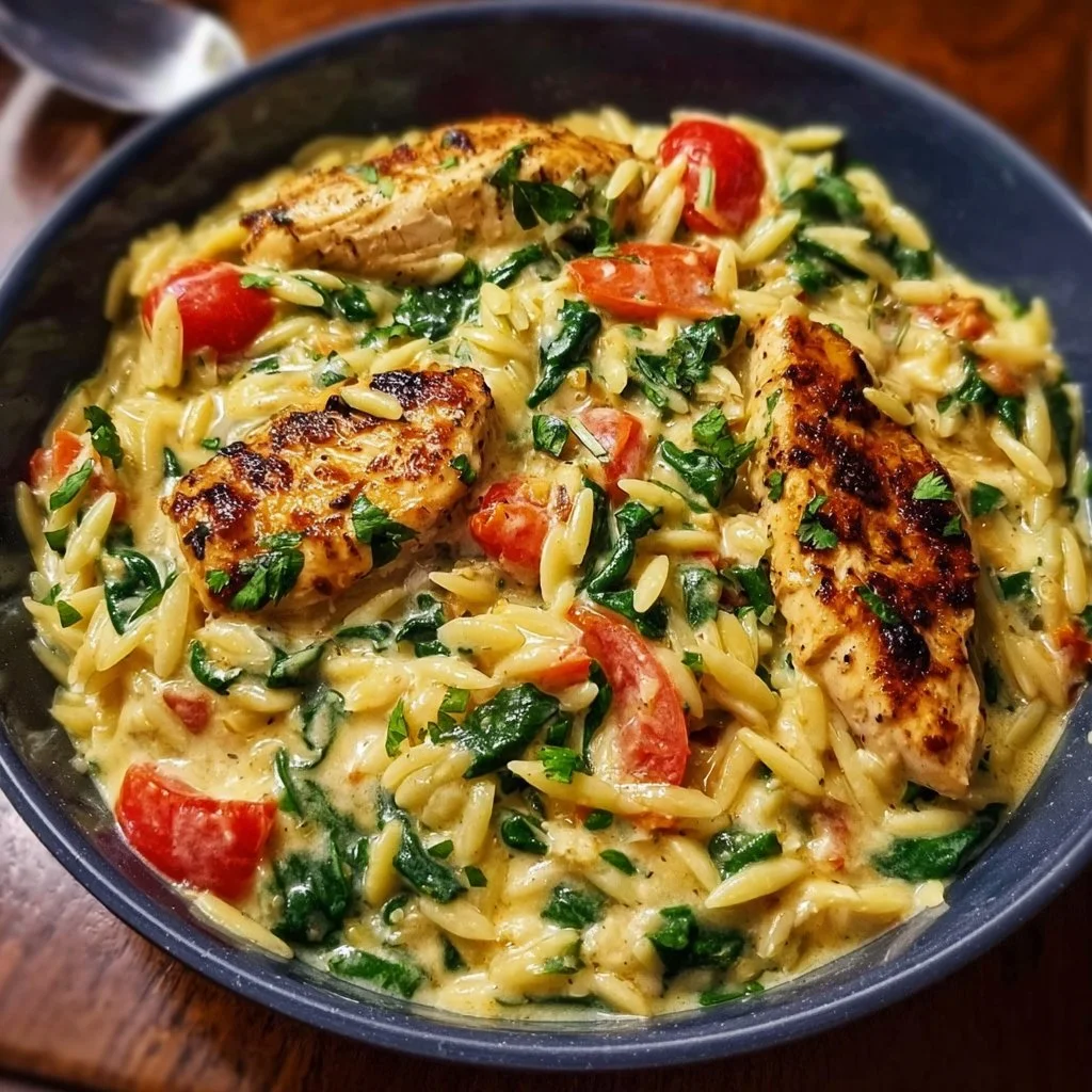 Mediterranean creamy chicken orzo served in a bowl with fresh herbs