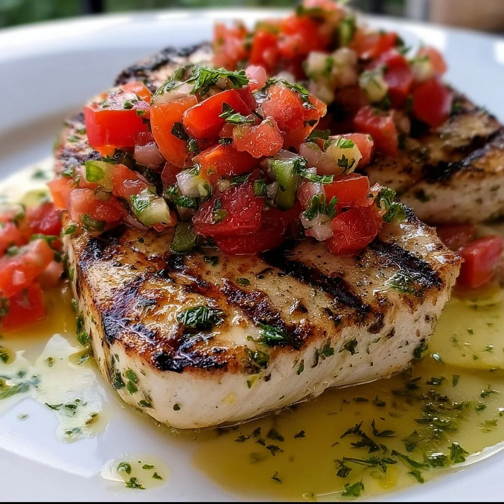 Mediterranean grilled swordfish served with herbs and lemon