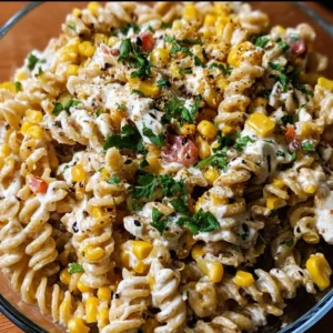 Bowl of Mexican Street Corn Pasta Salad with fresh ingredients and spices