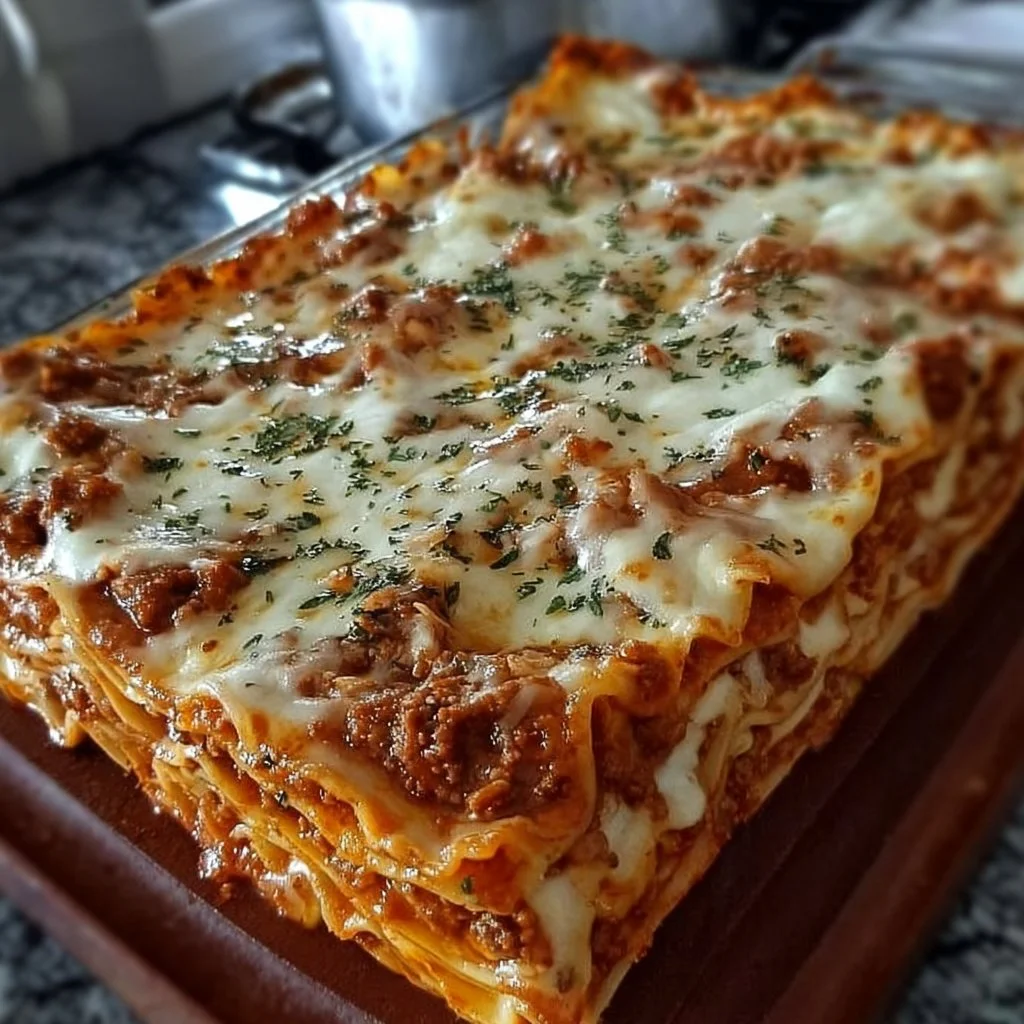 Delicious Million Dollar Lasagna with layers of cheese and rich meat sauce