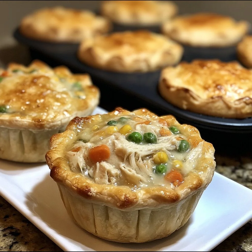 Freshly baked mini chicken pot pies served on a rustic wooden table.