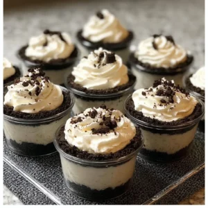 Mini Oreo dessert cups with whipped cream cheese filling on a table.