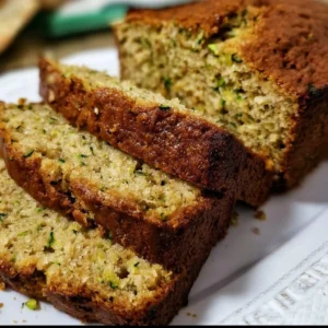 Moist homemade zucchini bread baked in a loaf pan with fresh zucchini