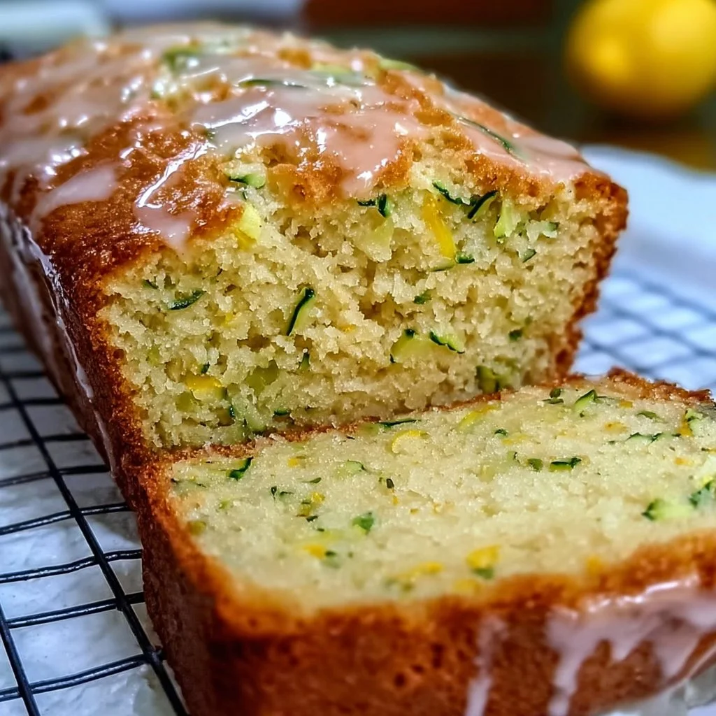 Moist lemon zucchini bread loaf garnished with lemon slices and zucchini