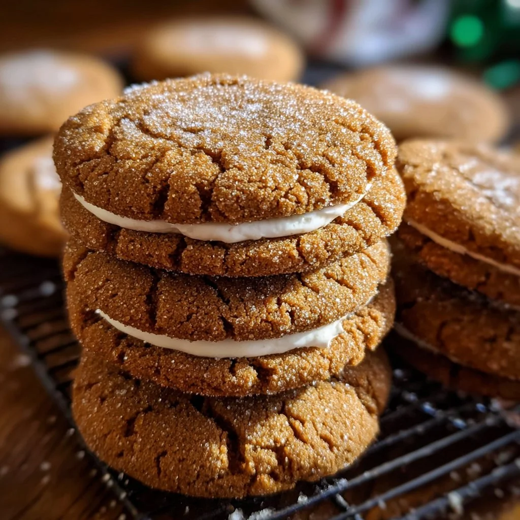 Delicious Molasses Cream Pie Cookies on a rustic wooden table.